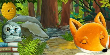 Ormanda dost canlısı bir hayvanın olduğu çizgi film sahnesi - çocuklar için illüstrasyon