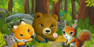 Ormanda dost canlısı bir hayvanın olduğu çizgi film sahnesi - çocuklar için illüstrasyon