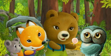 Ormanda dost canlısı bir hayvanın olduğu çizgi film sahnesi - çocuklar için illüstrasyon