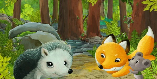 cartoon scene with friendly animal in the forest - illustration for children