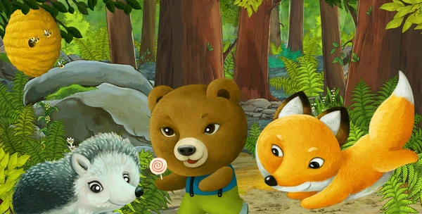 Zeichentrickszene Mit Freundlichen Tieren Wald Illustration Für Kinder — Stockfoto