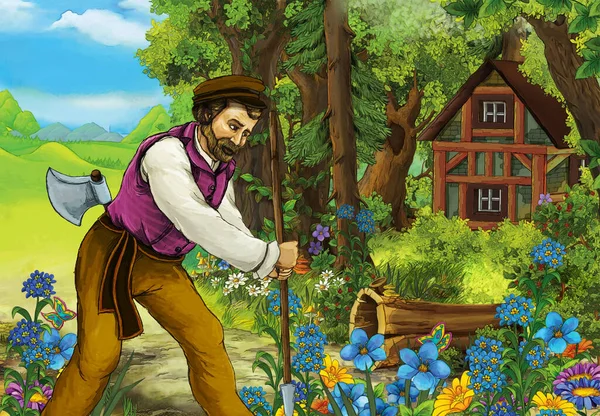 cartoon scene with farmer in the forest near the wooden hidden house - illustration for children