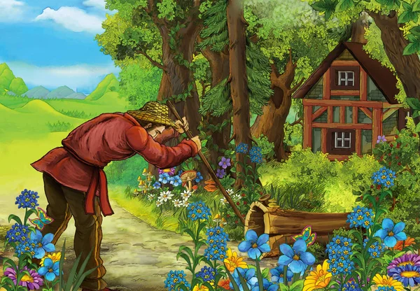 cartoon scene with farmer in the forest near the wooden hidden house - illustration for children