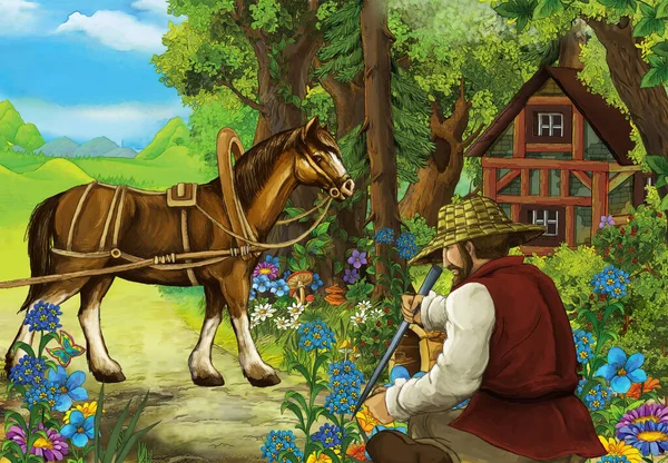 cartoon scene with farmer in the forest near the wooden farm - illustration for children