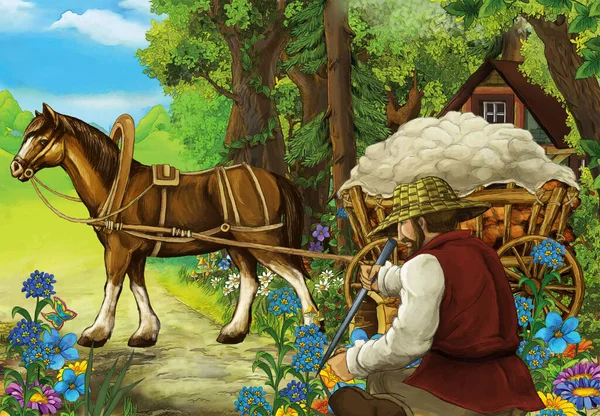 cartoon scene with farmer in the forest near the wooden farm - illustration for children