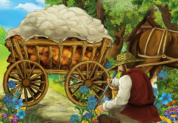 cartoon scene with farmer in the forest near the wooden farm - illustration for children