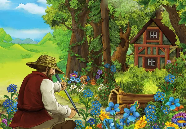 Cartoon Scene Farmer Forest Wooden Farm Illustration Children — Stock Photo, Image