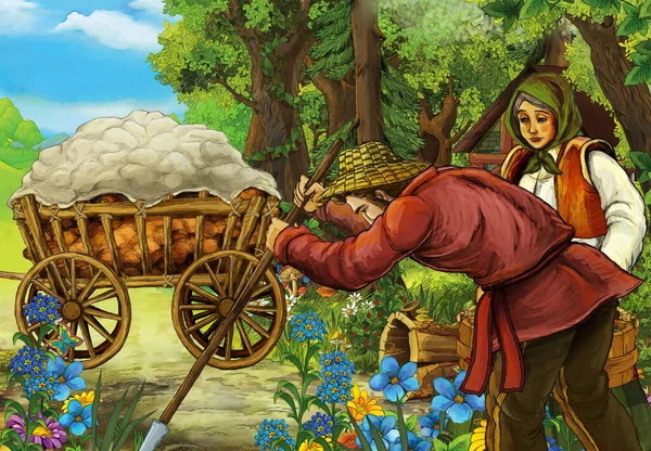 Cartoon Scene Farmers Family Forest Home Illustration Children — Stock Photo, Image