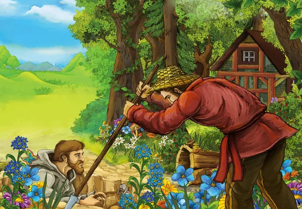 Cena Dos Desenhos Animados Com Agricultores Floresta Perto Casa Ilustração — Fotografia de Stock