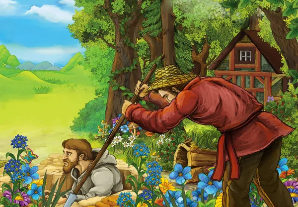 Tecknad Scen Med Jordbrukare Skogen Nära Hemmet Illustration För Barn — Stockfoto