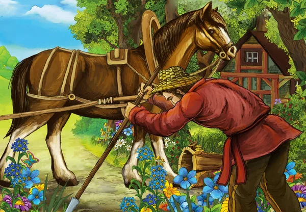 Cartoon Scene Met Boeren Het Bos Buurt Van Huis Illustratie — Stockfoto