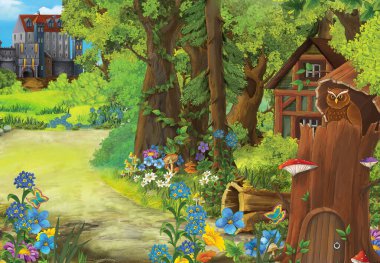 Çocuklar için orman illüstrasyonunda ahşap çiftlik evi olan baykuşlu çizgi film sahnesi