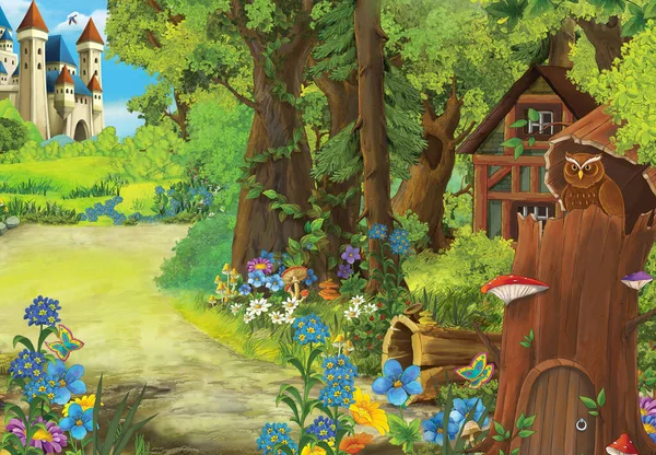 Escena Dibujos Animados Con Búho Con Granja Madera Casa Bosque — Foto de Stock