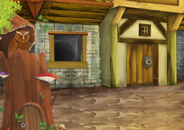 Ortaçağ sokağında taverna gibi bir binası olan kuş baykuşlu karikatür sahnesi - çocuklar için illüstrasyon