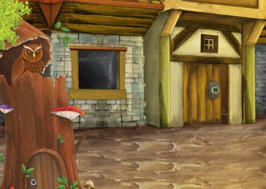 Ortaçağ sokağında taverna gibi bir binası olan kuş baykuşlu karikatür sahnesi - çocuklar için illüstrasyon