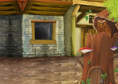 Ortaçağ sokağında kuş baykuşlu taverna gibi bir binanın olduğu karikatür sahnesi - çocuklar için illüstrasyon