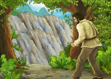 Ormanın yakınındaki dağ vadisinde çocuklar için prens ve prenses resimli karikatür sahnesi.