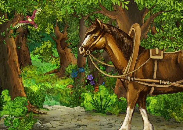 Cartoon Sommerszene Mit Wiese Wald Mit Prinzenpaar Illustration Für Kinder — Stockfoto