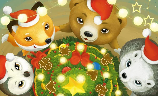 cartoon scene with different animals in christmas scenery being cheerful - illustration for children