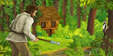 Ormandaki ahşap çiftliğin yakınındaki çiftçinin olduğu karikatür sahnesi - çocuklar için çizim