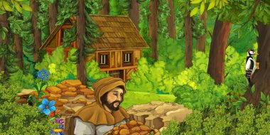 Ormandaki ahşap çiftliğin yakınındaki çiftçinin olduğu karikatür sahnesi - çocuklar için çizim