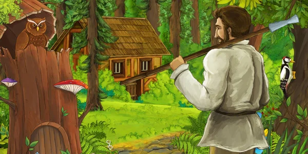 Tecknad Scen Med Bonde Nära Träfarmen Skogen Illustration För Barn — Stockfoto