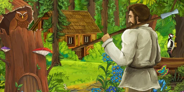 Kreslená Scéna Farmářem Dřevěné Farmy Lese Ilustrace Pro Děti — Stock fotografie