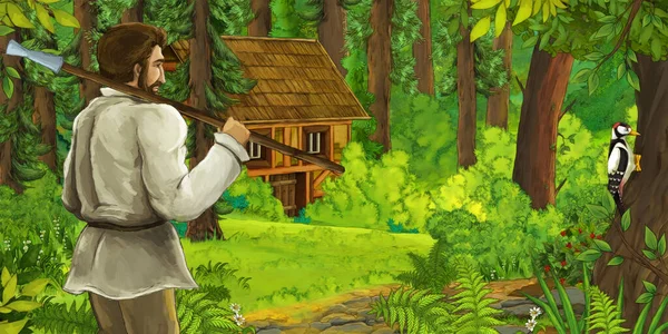 Tecknad Scen Med Bonde Nära Träfarmen Skogen Illustration För Barn — Stockfoto