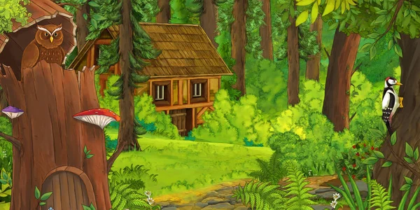 Tecknad Scen Med Bonde Nära Träfarmen Skogen Illustration För Barn — Stockfoto