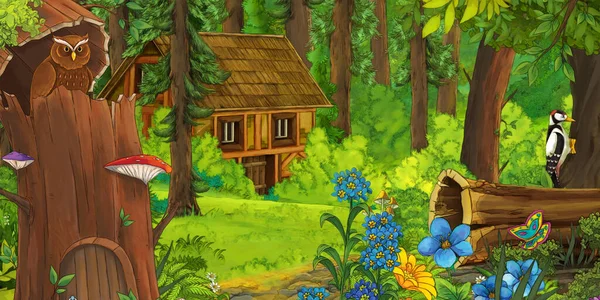 Zeichentrickszene Mit Bauer Beim Holzbauernhof Wald Illustration Für Kinder — Stockfoto