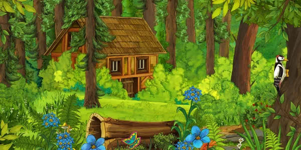 Zeichentrickszene Mit Bauer Beim Holzbauernhof Wald Illustration Für Kinder — Stockfoto