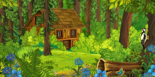 Escena Dibujos Animados Con Agricultor Cerca Granja Madera Bosque Ilustración —  Fotos de Stock