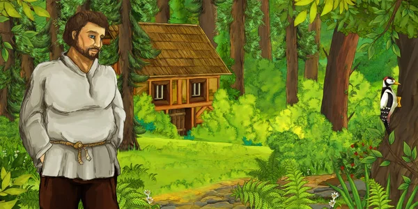 森林中木制农场附近有农民的卡通片 儿童图解 — 图库照片