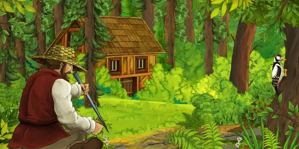 Scena Kreskówek Rolnikiem Pobliżu Drewnianej Farmy Lesie Ilustracja Dla Dzieci — Zdjęcie stockowe