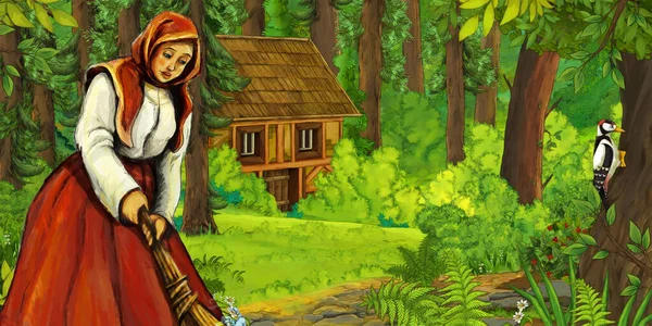 Rajzfilm Jelenet Gazda Közelében Fatanya Erdőben Illusztráció Gyerekeknek — Stock Fotó