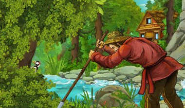 Nehir kenarındaki çiftçiyle çizgi film sahnesi ve ormandaki ahşap çiftlik - çocuklar için çizim