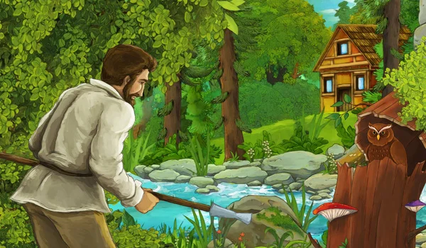 Scène Dessin Animé Avec Éleveur Près Ruisseau Une Ferme Bois — Photo