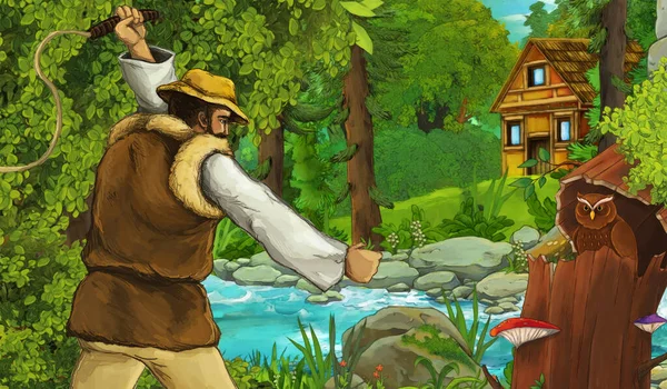 cartoon scene with farmer rancher near the stream and wooden farm in the forest - illustration for children
