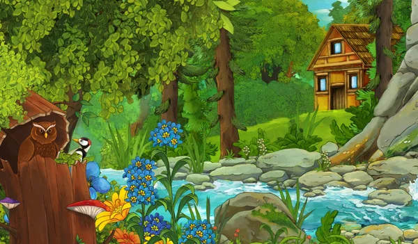 Zeichentrickszene Mit Bauer Bach Und Holzbauernhof Wald Illustration Für Kinder — Stockfoto