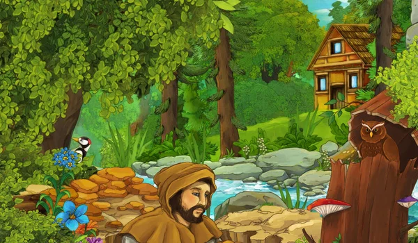 cartoon scene with farmer rancher near the stream and wooden farm in the forest - illustration for children