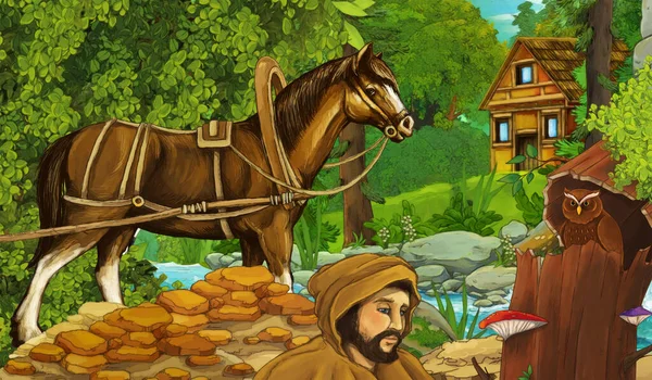 Scène Dessin Animé Avec Éleveur Près Ruisseau Une Ferme Bois — Photo