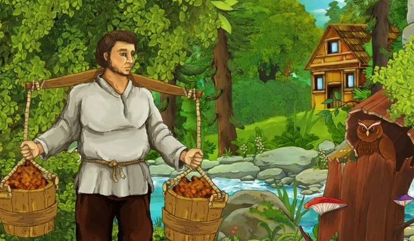 cartoon scene with farmer rancher near the stream and wooden farm in the forest - illustration for children