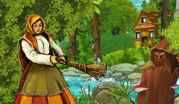 cartoon scene with farmer rancher near the stream and wooden farm in the forest - illustration for children