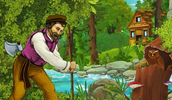 cartoon scene with farmer rancher near the stream and wooden farm in the forest - illustration for children