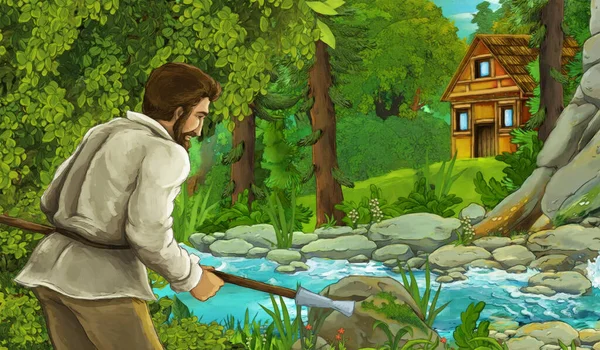 Scène Dessin Animé Avec Éleveur Près Ruisseau Une Ferme Bois — Photo