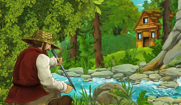 cartoon scene with farmer rancher near the stream and wooden farm in the forest - illustration for children