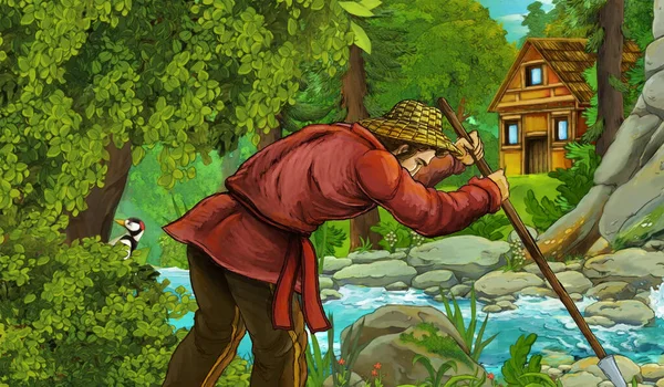 Zeichentrickszene Mit Bauer Bach Und Holzbauernhof Wald Illustration Für Kinder — Stockfoto