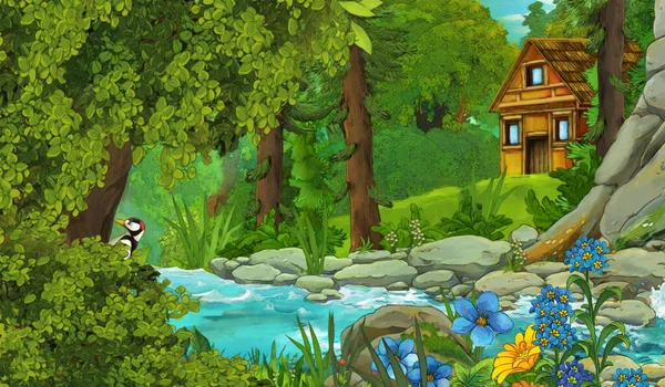 Scène Dessin Animé Avec Éleveur Près Ruisseau Une Ferme Bois — Photo