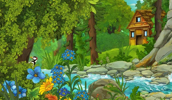 Cartoon Scene Farmer Rancher Stream Wooden Farm Forest Illustration Children — Stock Photo, Image