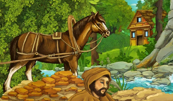 cartoon scene with farmer rancher near the stream and wooden farm in the forest - illustration for children